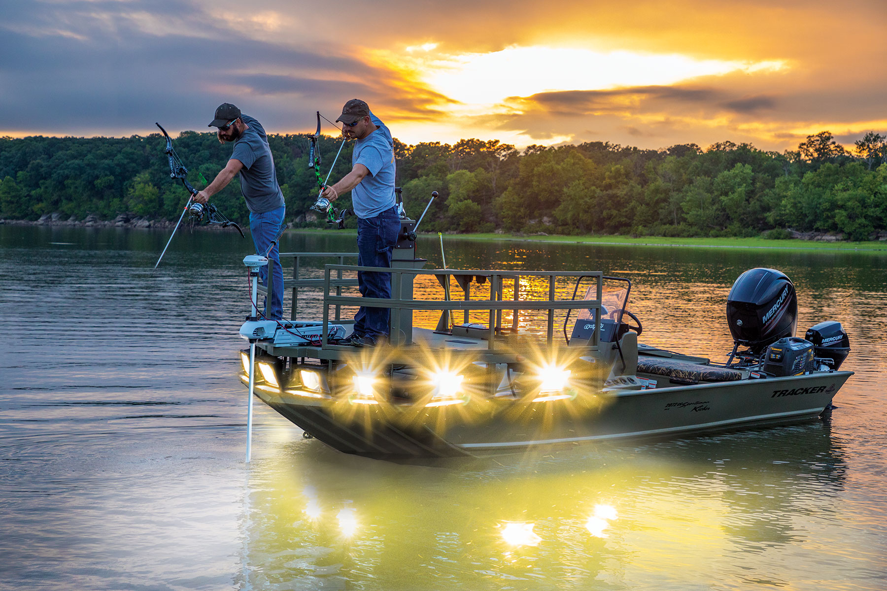 Bowfishing at sunset on Tracker Boat